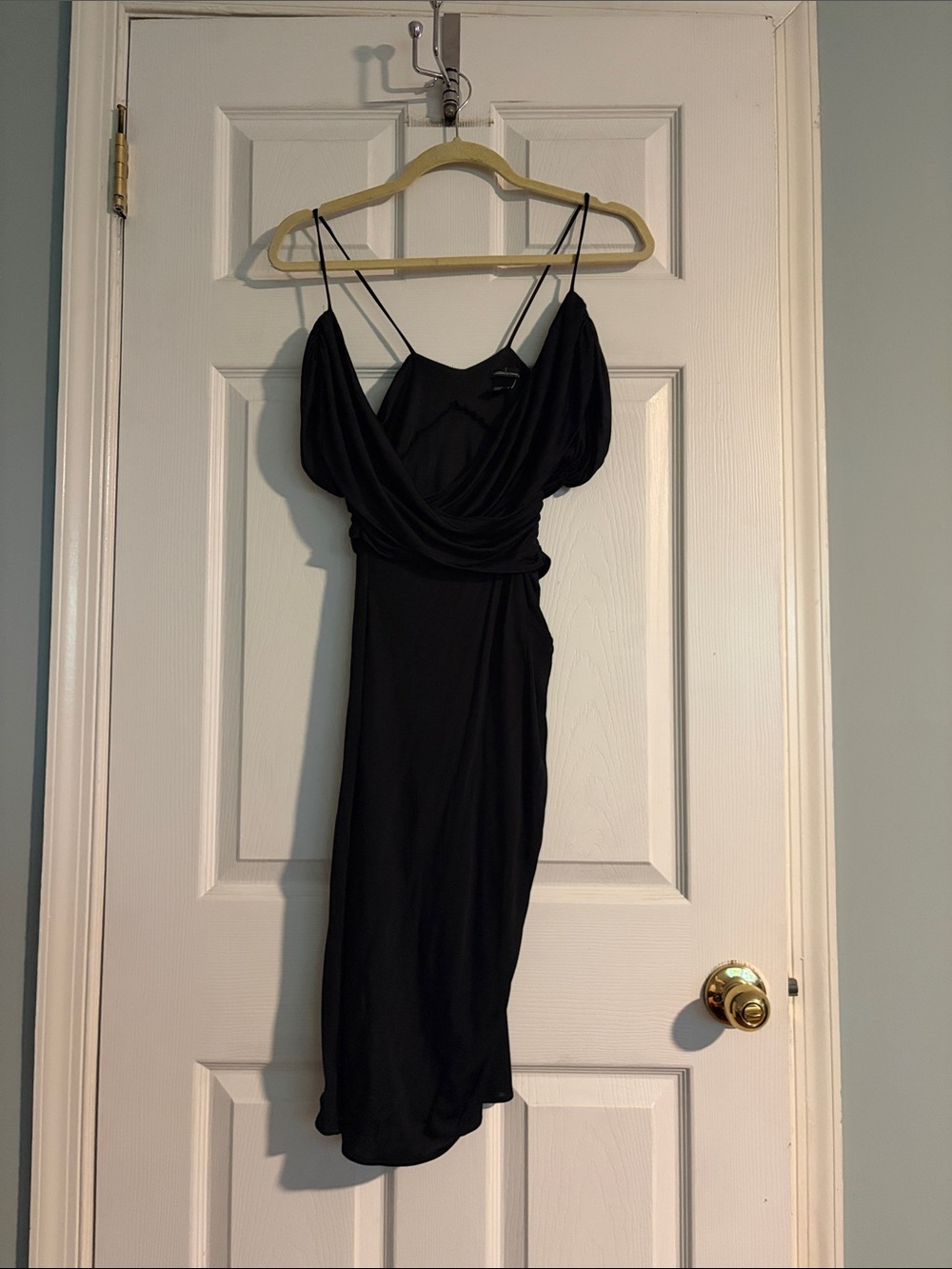 Moda International black off the shouder Draped Midi Dress with Spaghetti Straps